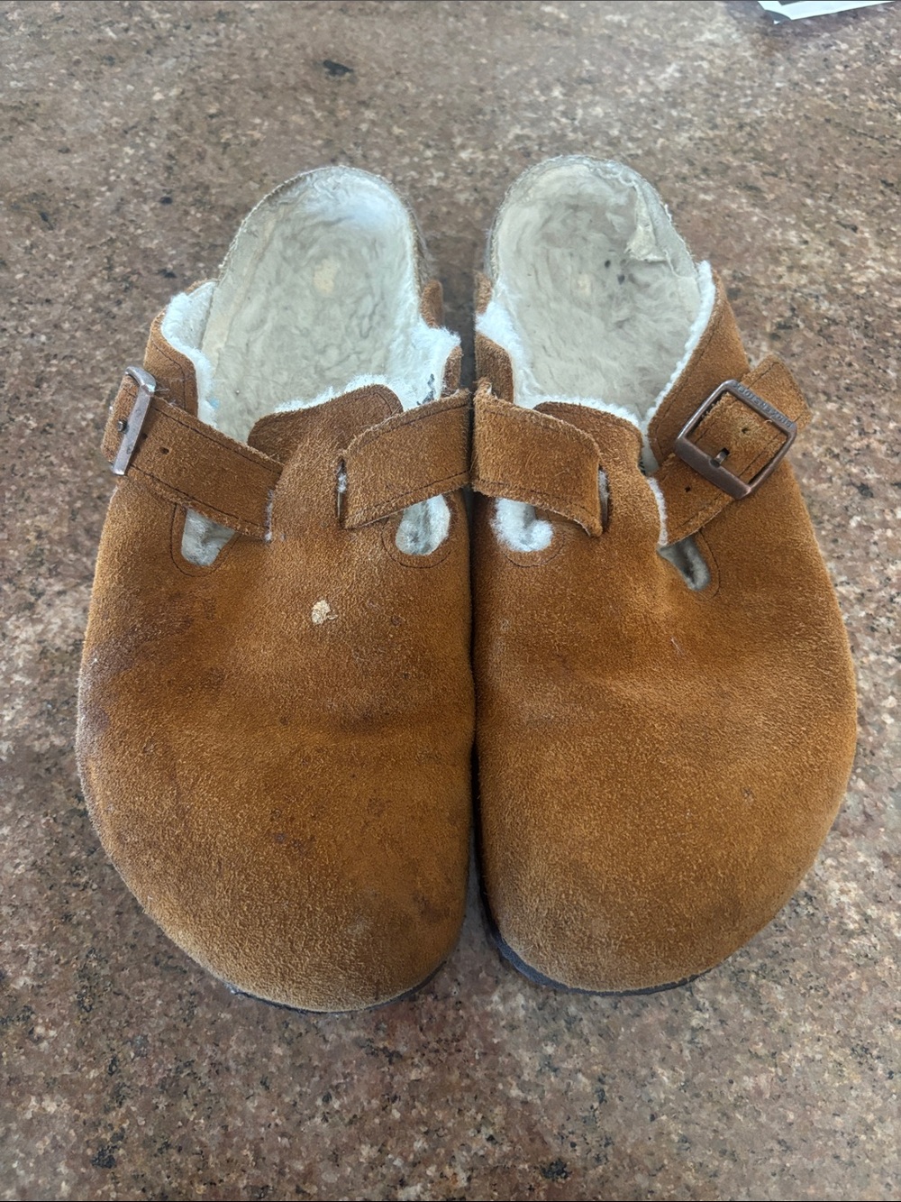 Birkenstock Suede Shearling-Lined Slip-On Clogs in Tan